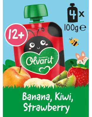 Obrázok produktu pre Olvarit Knijpfruit Banaan Kiwi Aardbei 4x100g, ovocné pyré pre batoľatá