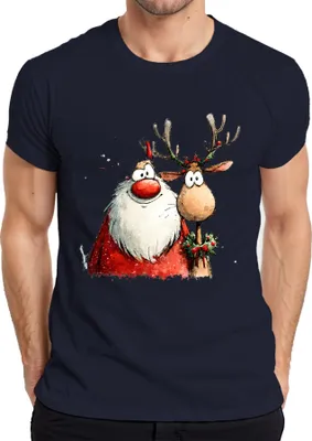 Produktbild von Weihnachtsmann Rentier Cartoon Aquarell lustig Geschenk Retro Herren T-Shirt, Navy, S