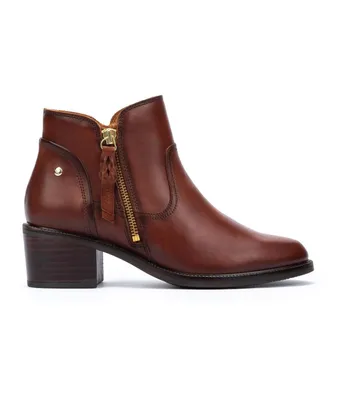 A single brown leather ankle boot is shown against a white background.
