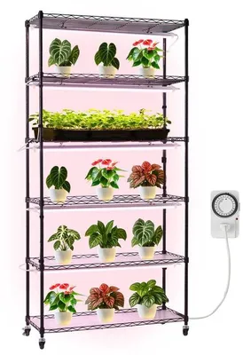 Image de Étagère métallique Benzoa® pour plantes d'intérieur, avec éclairage à spectre complet (150 W, 3800 K), 6 niveaux, minuterie et roulettes – étagère de culture mobile