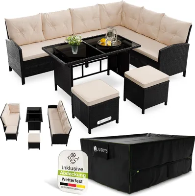 Produktbild von Juskys Polyrattan Lounge Manacor - Sofa, Tisch, Hocker & Kissen inkl. Abdeckung - Schwarz & Creme