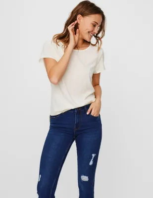 Produktbild von Basic T-Shirt Kurzarm Rundhals Top Langes Einfarbiges Oberteil VMBECCA | S