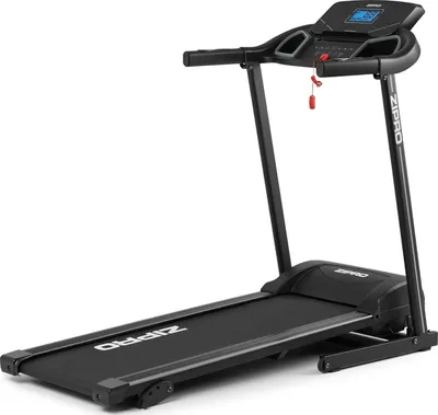 A black electric treadmill shown from a diagonal angle against a white background.