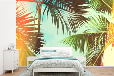 Produktbild von MuchoWow® Fototapete für Wohnzimmer oder Schlafzimmer Wandtapete Vinyl Motivtapete Palmen - Himmel - Sonne - 390x260 cm - Papiertapete