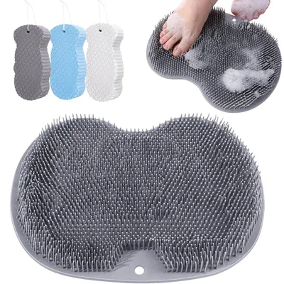 Produktbild von Silikon-Fußwaschmatte mit 3 Badeschwämmen, Fußbürste, Dusch-Fußmassagegerät, Rückenpeelingmatte, Fußwasch- und Badewannenmassagekissen mit rutschfesten Saugnäpfen zur Fußpflege, Entspannung und zum Peeling.