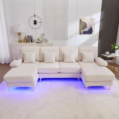 Productafbeelding van Moderne U-vormige bank met LED-omgevingsverlichting en een USB-C-poort. Massief houten frame, 4 luxe kussens en een ergonomische, hoogwaardige rugleuning voor maximaal comfort, beige