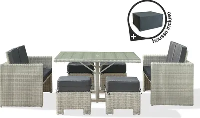 Image de Ensemble repas encastrable 8 places en résine tressée + housse