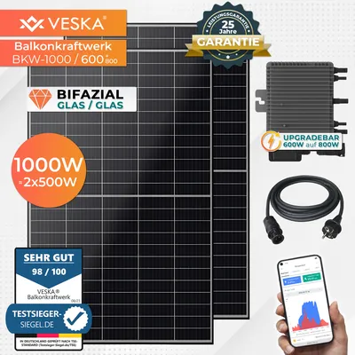 Produktbild von Balkonkraftwerk 1000 W / 600 W Bifazial Solaranlage Steckerfertig WIFI Smarte Mini-PV Photovoltaik Anlage 600 Watt Upgradebar auf 800 W, Schwarz