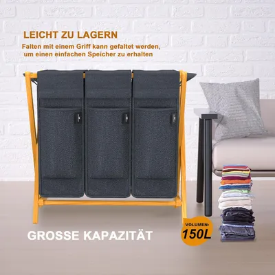 Zdjęcie produktu dla Kosz na pranie System sortowania prania Bamboe Pojemnik na pranie w kształcie litery X Kosze na pranie Sortownik na pranie 3 komory 150 litrów