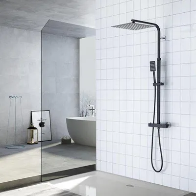 Produktbild von Famanu Duscharmatur mit Thermostat - Höhenverstellbar 96-130 cm - Regendusche mit Armatur - Edelstahl - 30x30 cm