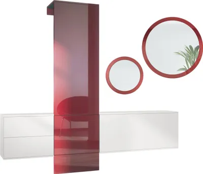 Produktbild von Vladon Garderoben-Set DualVista, bestehend aus 1 Garderobenpaneel, 1 Schubkastenschrank, 1 Schrankmodul und 2 Spiegel, Weiß matt/Bordeaux Hochglanz