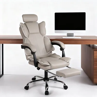 Obrázok produktu pre Herná stolička, ergonomická, so sklápateľnou opierkou nôh, farba khaki, potiahnutá umelou kožou (PU)