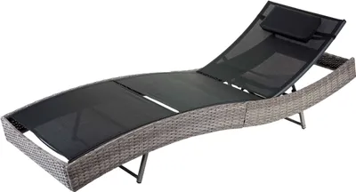 A grey and black chaise lounge is shown against a white background.