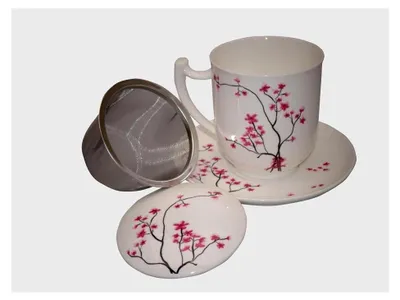 Produktbild von TeaLogic Kirschblüte 2er Set Teetasse mit Edelstahlfilter, Untertasse und Deckel