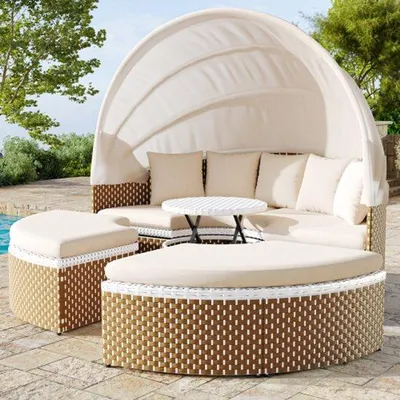 Produktbild von Gartenmöbelset, Sonneninsel, Rattan-Gartenmöbel und Sitzmöbelset, Muschel-Gartenmöbelbett, ausfahrbarer Sonnenschirm, klappbares Tischblatt, Beige, inklusive allen Kissen und Sitzkissen