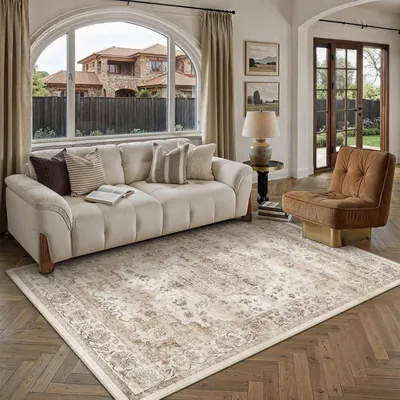 Immagine prodotto di Tappeto lavabile per soggiorno, 160x230 cm, stile vintage, pelo corto, beige e marrone