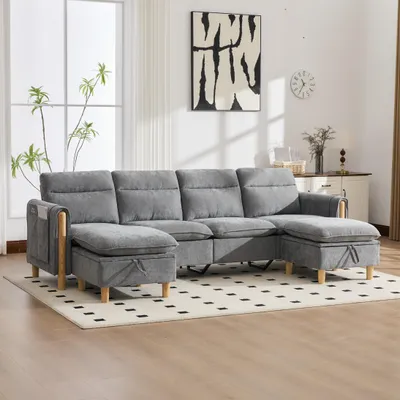 Produktbild von okwish Wohnzimmersofa Vier Sitzplätze mit zwei Hockern und Stauraum, U-förmiges Sofa mit Seitentaschen, Schlafsofa mit Holzbeine, Chenille, Hellgrau