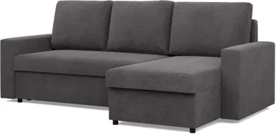 A dark gray sectional sofa with a chaise lounge is shown from a front-side angle against a white background.