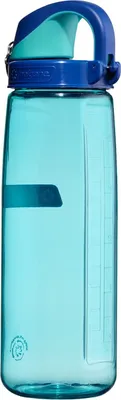 A close-up studio shot of a blue Nalgene water bottle.