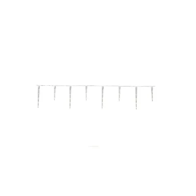 A string of icicle-shaped lights hanging horizontally against a white background.