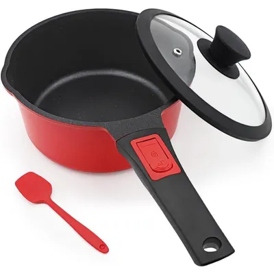 Image de Casserole en acier inoxydable de 20 cm avec couvercle, 2,5 litres, antiadhésive, avec poignée amovible, compatible avec toutes les sources de chaleur, utilisable au four, de couleur rouge et noir