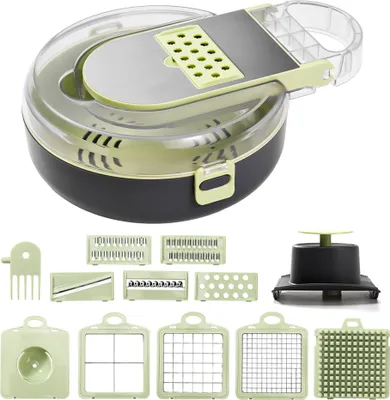 Produktbild von Gemuesezerkleinerer mit Behaelter, multifunktional, 13-in-1-Zwiebelzerkleinerer, zeitsparende Kuechenhelfer, Gemuesewuerfelschneider fuer Zwiebeln, Tomaten, Kartoffeln, Lebensmittelzerkleinerer mit abtropfendem Vorratsbehaelter, Handschutz, 8 Klingen, Eiertrenner