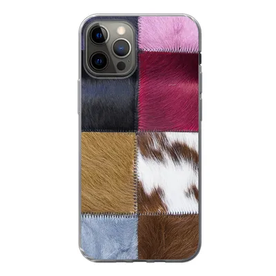 Produktbild von MuchoWow® Handyhülle Schutzhülle Hülle für iPhone 12 Pro Ein farbenfroher Karoteppich mit unter anderem Kuhfell Silikon Softcase Handy Hülle - Abdeckung