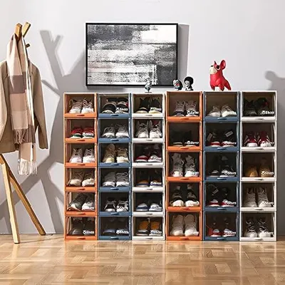 Produktbild von Schuhregal mit abklappbarer Schublade, stapelbar, opvoubar, ruimteersparnis, Blauw, 3er-Pack