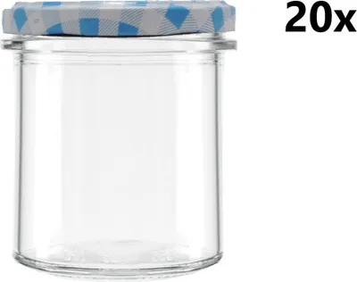 A clear glass jar with a checkered blue and white lid, shown against a white background. The number '20x' is visible in the top right corner.