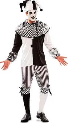 Harlekin Kostüm Piper für Herren Gr. 48-52 schwarz weiß Clown Pierrot Spaßmacher Mittelalter Hofnarr Fasching Karneval Mottoparty Paar- und Familienkostüm