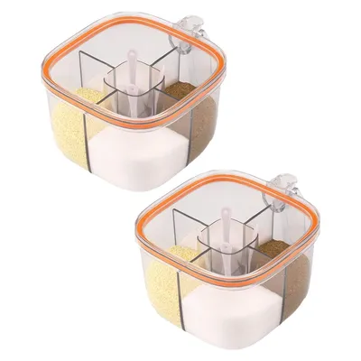 Produktbild von 4-in-1 Gewürzbehälter-Set – luftdicht, mit 4 Fächern und Löffeln, aus PET + Silikon, für Salz, Pfeffer und Gewürze, 2er Set, einhändige Bedienung