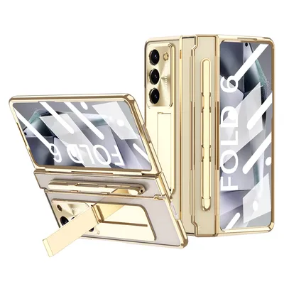Produktbild von Handyhülle für Samsung Galaxy Z Fold 6 mit Pen und Stift Halter, Displayschutz Transparent Galvanisierte Ständer Schutzhülle Gold