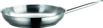 A stainless steel frying pan on a white background.