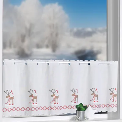 Produktbild von heimtexland ® Scheibengardine Landhaus Elch Stickerei Gardine Weihnachten Deko Weihnachtsgardine Batist bestickt Fentserdekoration Typ507 HxB 45 x 155 cm