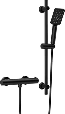 Produktbild von Unyqoos® Thermostatische Duscharmatur mit verstellbarer Duschstange und Handbrause (3 Strahlarten), Edelstahl, matt schwarz
