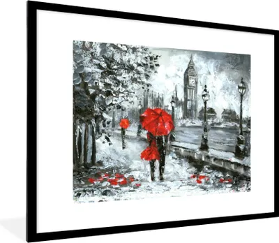 Produktbild von MuchoWow® Gerahmtes Poster Gemälde - Regenschirm - Öl 80x60 cm - Poster mit Schwarzem Bilderrahmen Wandposter Rahmen Foto Bilder - Schlafzimmer-Dekorationen - Fotoposter
