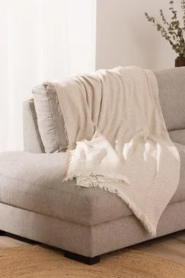 Obrázok produktu pre Unyqoos® Plaid, 180 x 260 cm – svetlohnedá farba, 90 % recyklovanej bavlny / 10 % polyester, vzor "rybia kosť", deka a prikrývka, vyrobené v Španielsku