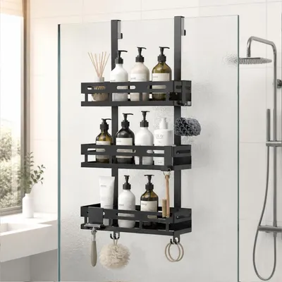 Image de Étagère de douche sans perçage, noire, avec 3 paniers et 3 crochets, en acier au carbone, résistant à la rouille