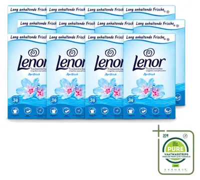 Image de 12 paquets de lingettes assouplissantes Lenor "Aprilfrisch" pour sèche-linge, contenant 34 lingettes chacune, lot de 12