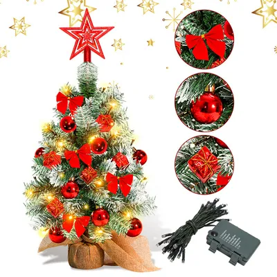Produktbild von ISOISL Mini Weihnachtsbaum Tannenbaum Künstlicher Christbaum mit LED-Lichterkette, Tischdeko mit Christbaumkugeln und Schleife, 40cm Rot