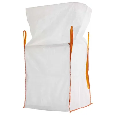 A white BigBag with orange lifting loops and stitching, isolated on a white background.