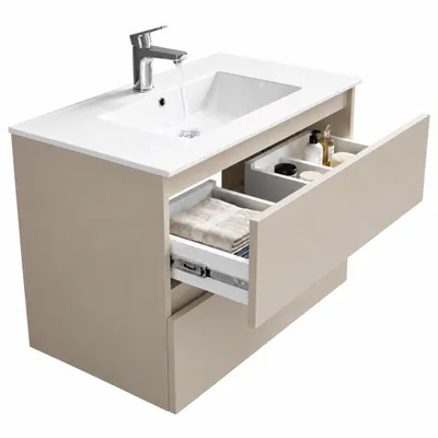 Produktbild von paplinskimoebel - Waschtisch mit Unterschrank, CALPE 80 cm, wandhängender Unterschrank mit Schubladen, Kaschmir, Beige matt, Holz, Keramikwaschbecken