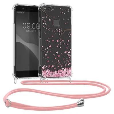Produktbild von kwmobile Necklace Case kompatibel mit Huawei P10 Lite Hülle - Silikon Cover mit Handykette - Rosa Dunkelbraun Transparent Kirschblütenblätter