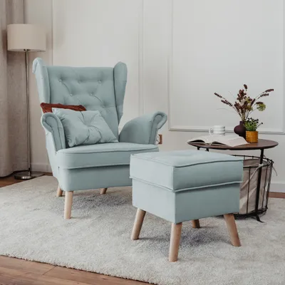 Produktbild von Idohome - Gepolsterter Ohrensessel CLASSIC mit Hocker, Farbe: Meeresfarbe Trinity 22