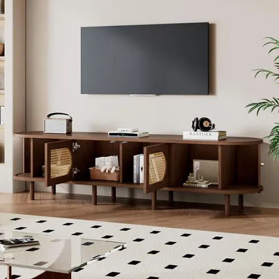 Produktbild von okwish Ovaler TV-Schrank mit zwei Schiebetüren und zwei Rollläden,Lowboard mit Stauraumfach,Fernsehbank ,Rattan-Design,für Fernseher bis zu 80 Zoll,Eiche