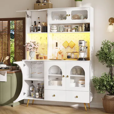 Produktbild von MODFU Hochschrank mit LED-Beleuchtung,Küchenbuffet Stauraumschrank mit Steckdosenleiste und USB-Anschluss,Sideboard mit Pegboard und Glasböden für Küche und Wohnzimmer,Weiß ,120 x 40 x 176 cm