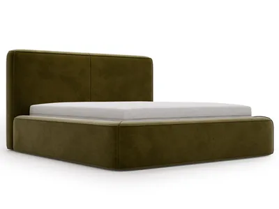 A studio shot of a green upholstered bed frame with a white mattress on a white background.
