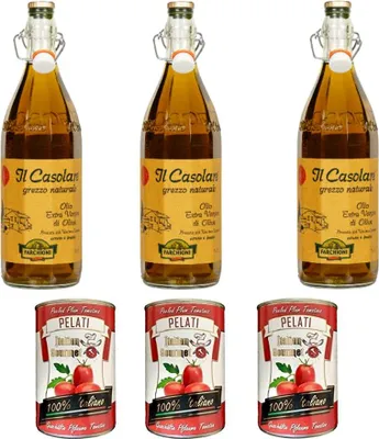 Produktbild von 3x Farchioni Casolare Olivenöl Extra Vergine 1Lt 100% nativ natives Olio Oliva + Italian Gourmet 100% italienische geschälte Tomaten dosen 3x 400g