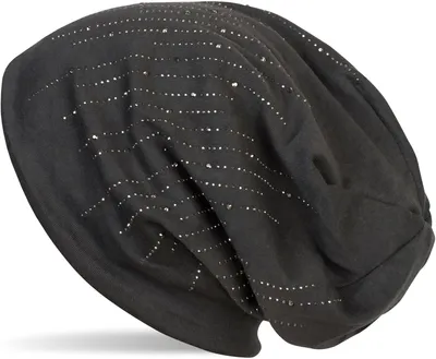 Produktbild von styleBREAKER Damen Beanie Mütze mit Strass Nieten im edlen Streifen Design, Slouch Longbeanie, Stoffmütze Einfarbig 04024086