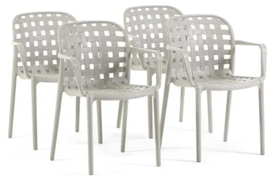 Produktbild von Set mit 4 stapelbaren Gartenstühlen mit Armlehnen aus Polypropylen mit Glasfaser in Flechtoptik robust für Terrasse, Garten, Balkon, Bar, Restaurant - Rebecca